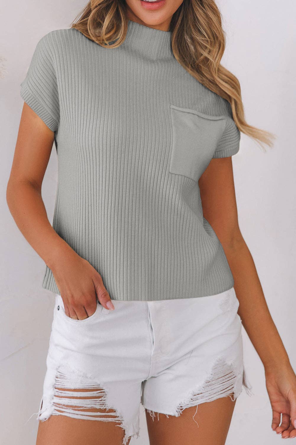 OMG! Solid Ribbed Knit Patch Pocket Short Sleeve Sweater