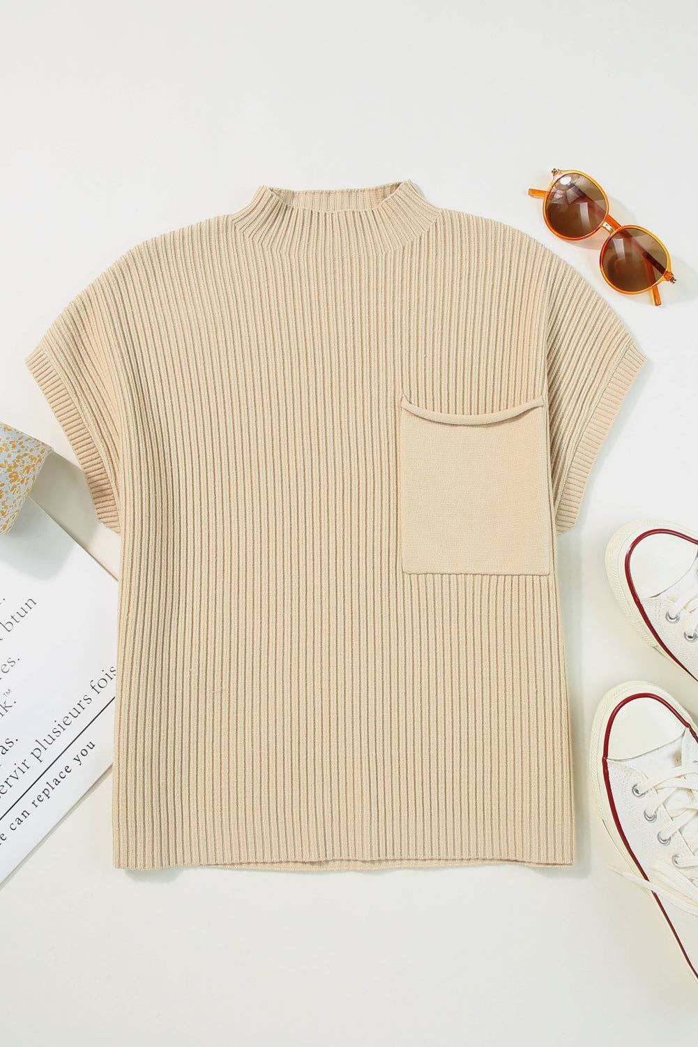 OMG! Solid Ribbed Knit Patch Pocket Short Sleeve Sweater