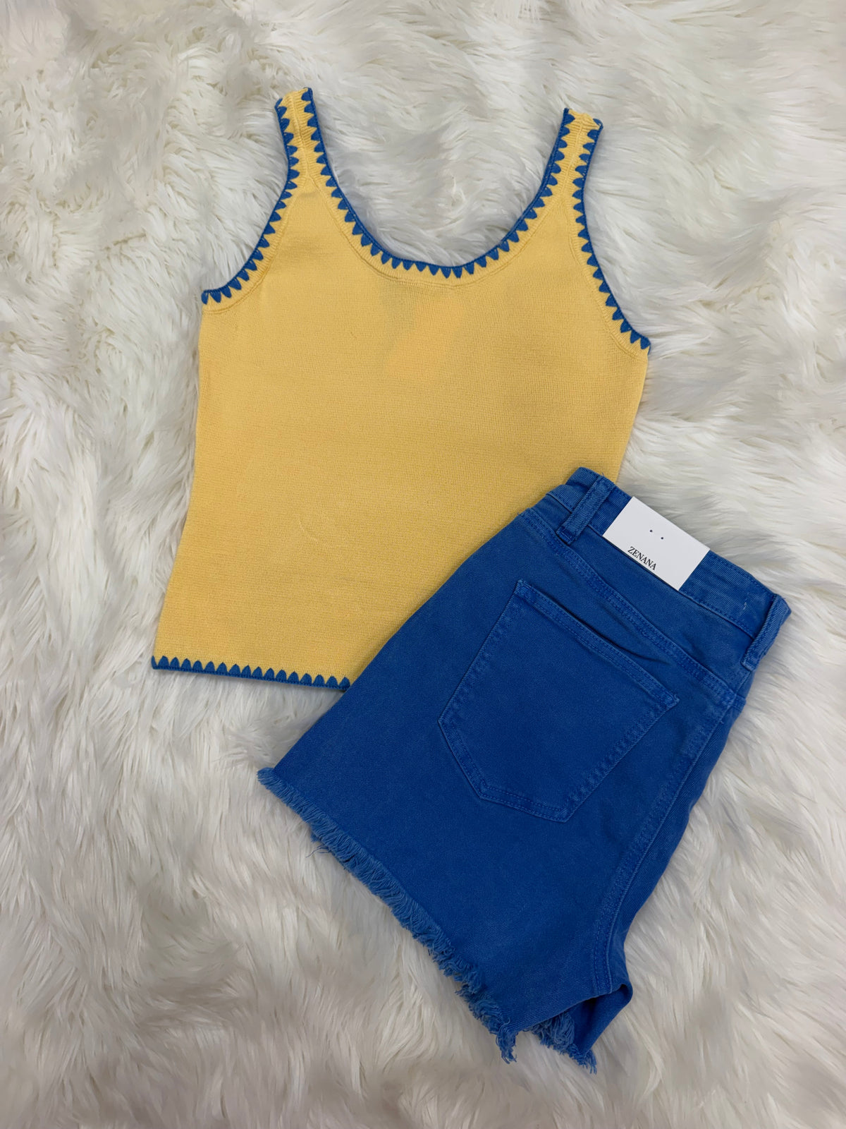 Yellow tank with Blue Stitching