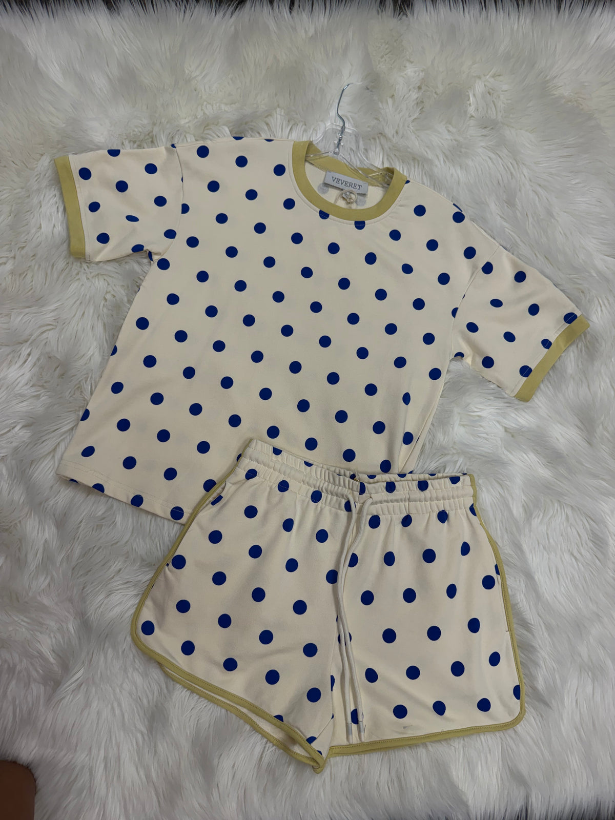 Cream and Blue Polka Dot