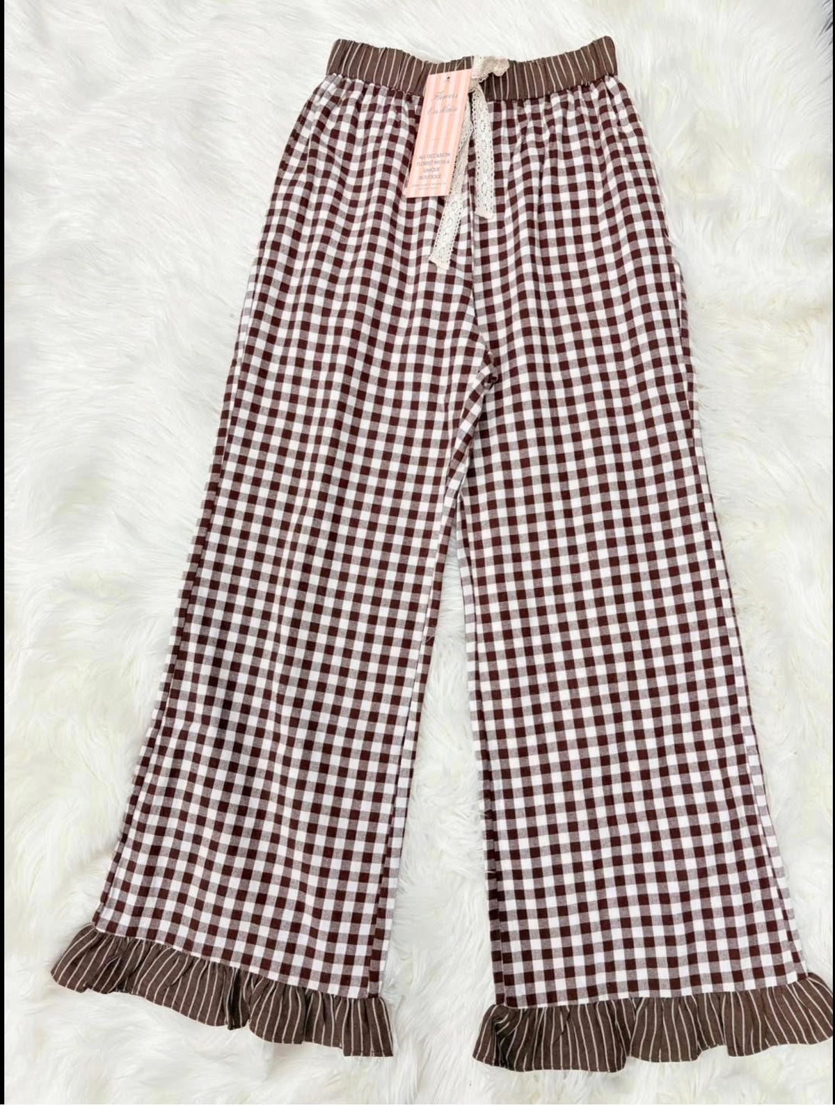 Gingham Ruffle Wide Leg Pants