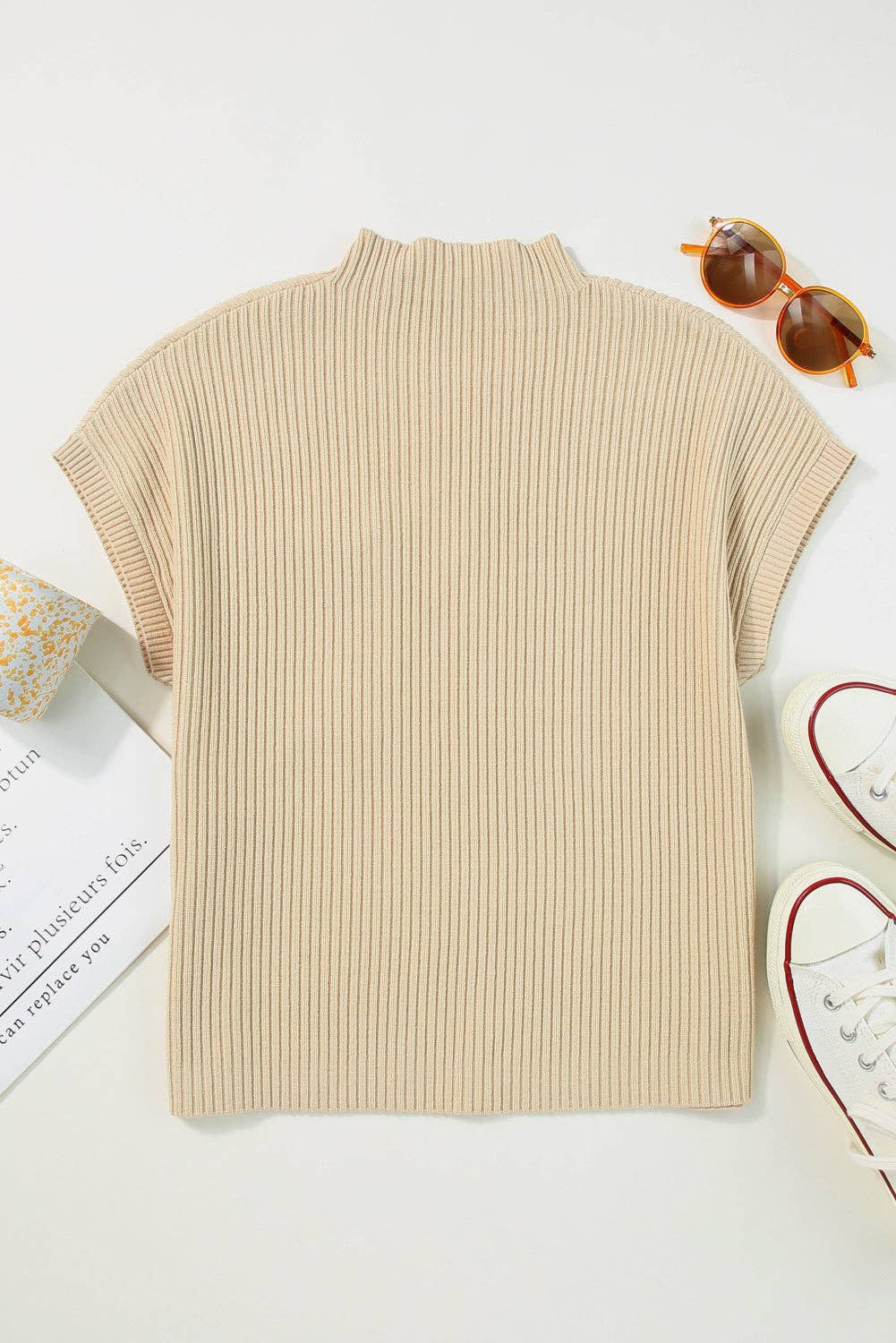 OMG! Solid Ribbed Knit Patch Pocket Short Sleeve Sweater