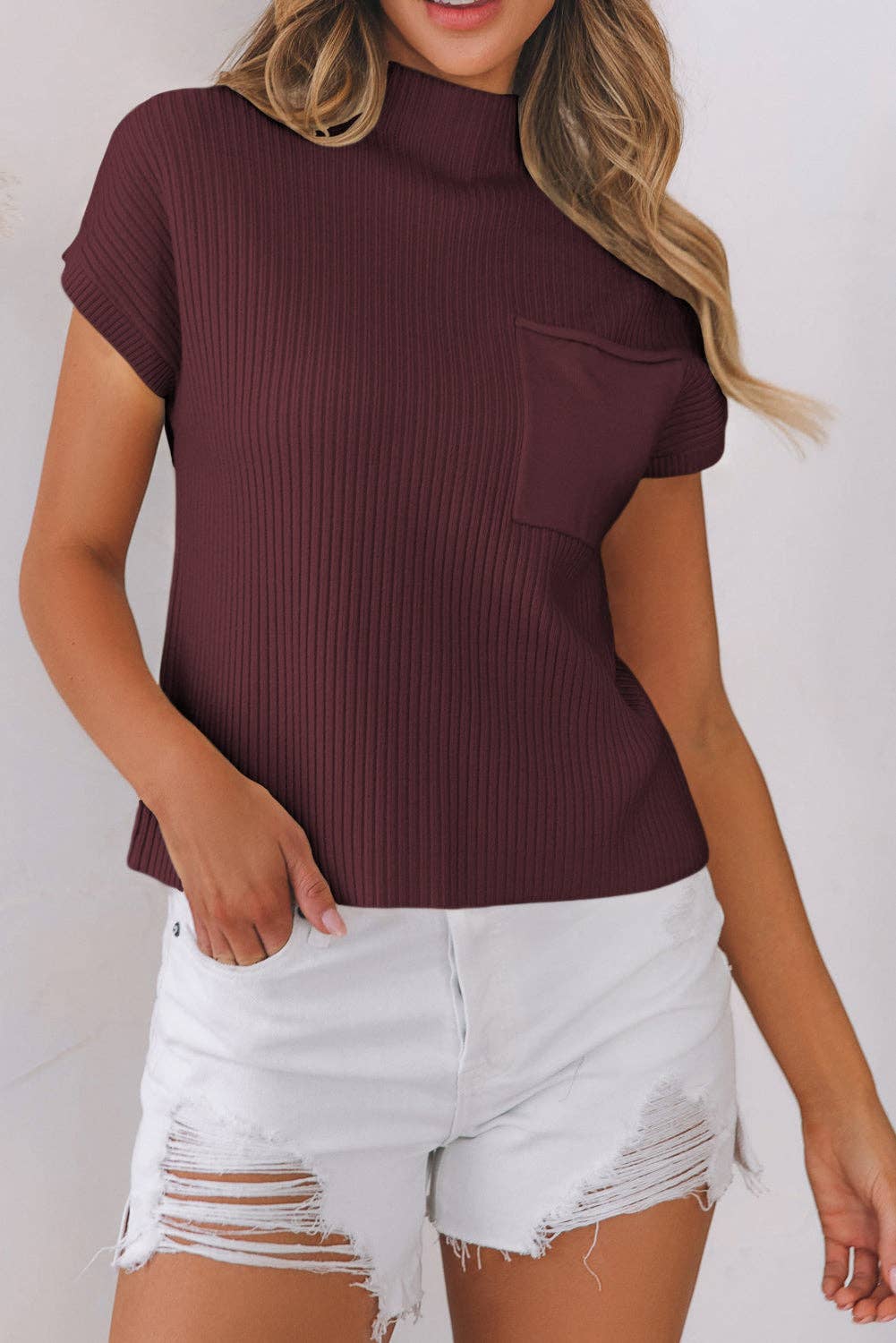 OMG! Solid Ribbed Knit Patch Pocket Short Sleeve Sweater