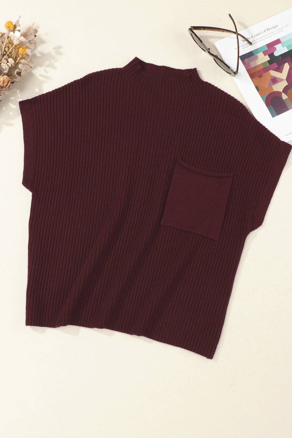 OMG! Solid Ribbed Knit Patch Pocket Short Sleeve Sweater