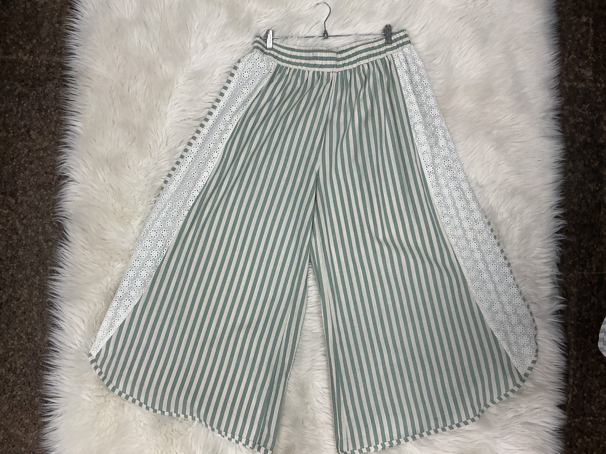 Stripe & Eyelet Tulip Wide-Leg Pants
